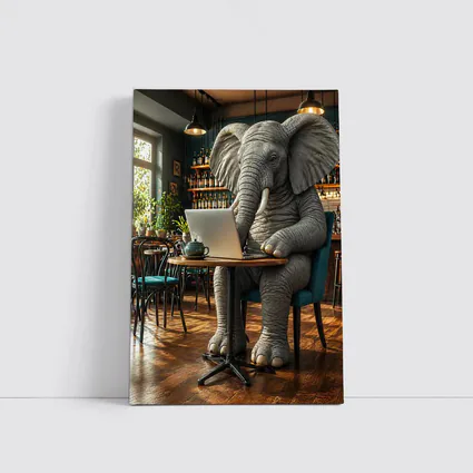 Elephant Working on Laptop in Cafe