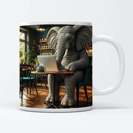 Elephant Working on Laptop in Cafe