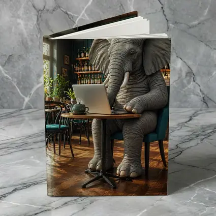 Elephant Working on Laptop in Cafe