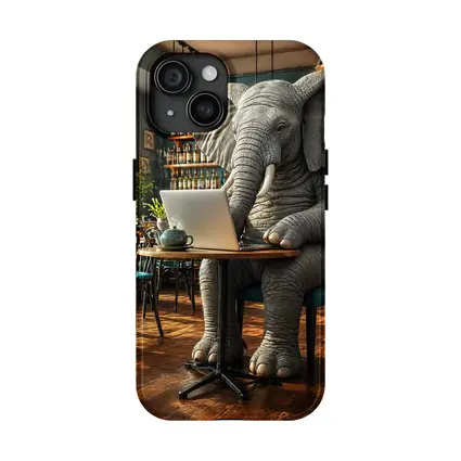 Elephant Working on Laptop in Cafe