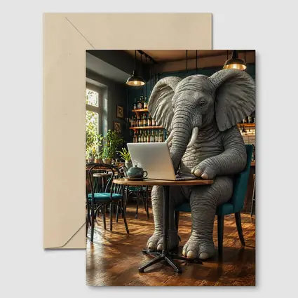 Elephant Working on Laptop in Cafe