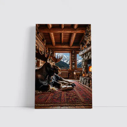 Moose Reading Book Mountain Cabin Fireplace