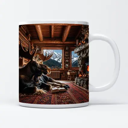Moose Reading Book Mountain Cabin Fireplace