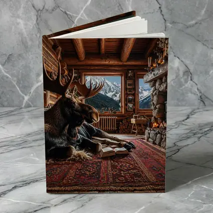 Moose Reading Book Mountain Cabin Fireplace