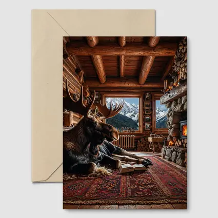 Moose Reading Book Mountain Cabin Fireplace