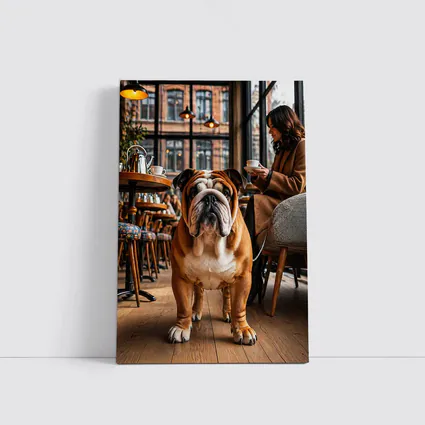 English Bulldog Standing Inside Cozy Cafe