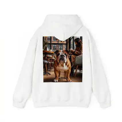 English Bulldog Standing Inside Cozy Cafe