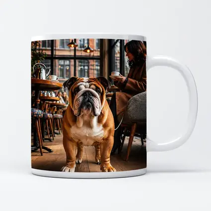 English Bulldog Standing Inside Cozy Cafe