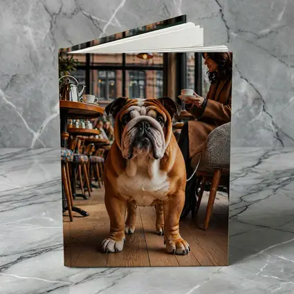 English Bulldog Standing Inside Cozy Cafe