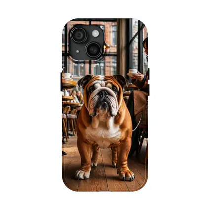 English Bulldog Standing Inside Cozy Cafe