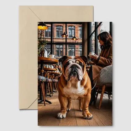 English Bulldog Standing Inside Cozy Cafe