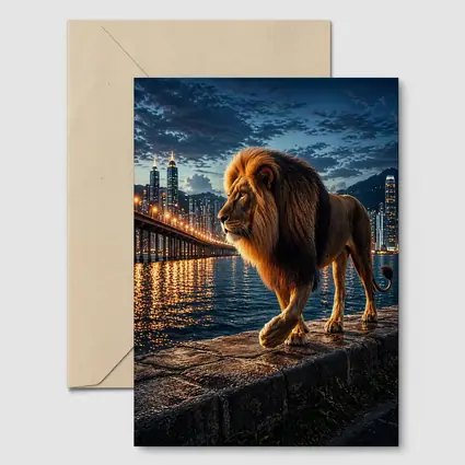 Lion Walking City Waterfront At Night
