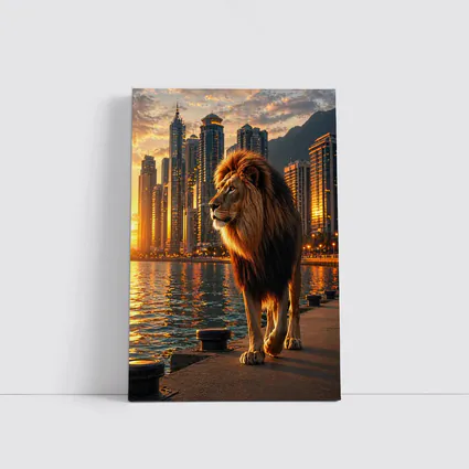 Lion Walking City Waterfront at Sunset