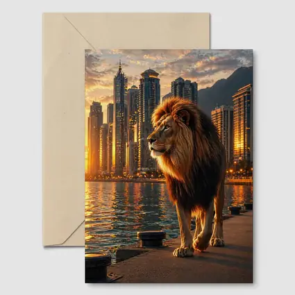 Lion Walking City Waterfront at Sunset