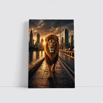 Lion Walking City Bridge at Sunset