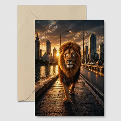 Lion Walking City Bridge at Sunset