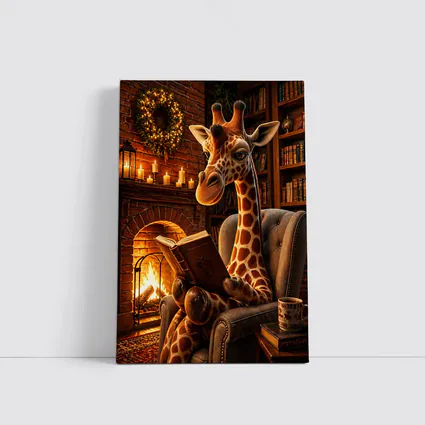 Giraffe Reading Book by Cozy Fireplace