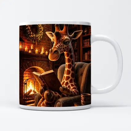 Giraffe Reading Book by Cozy Fireplace