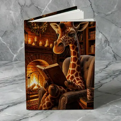 Giraffe Reading Book by Cozy Fireplace