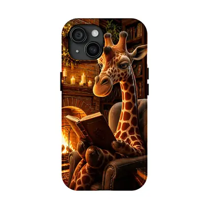 Giraffe Reading Book by Cozy Fireplace