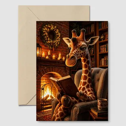 Giraffe Reading Book by Cozy Fireplace