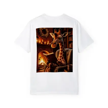 Giraffe Reading Book by Cozy Fireplace