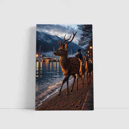 Deer Stag Walking Along Harbor At Dusk