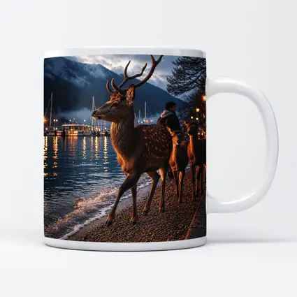 Deer Stag Walking Along Harbor At Dusk