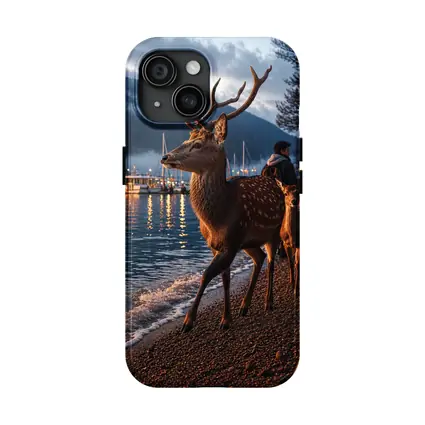 Deer Stag Walking Along Harbor At Dusk