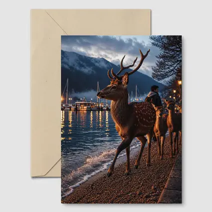 Deer Stag Walking Along Harbor At Dusk