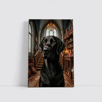 Black Labrador Retriever In Gothic Castle Hall
