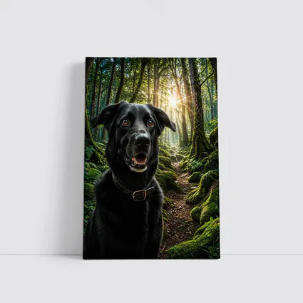 Black Labrador Smiling in Sunlit Forest