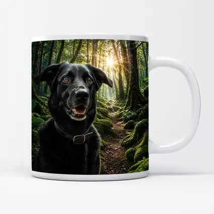 Black Labrador Smiling in Sunlit Forest