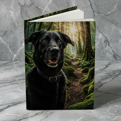 Black Labrador Smiling in Sunlit Forest