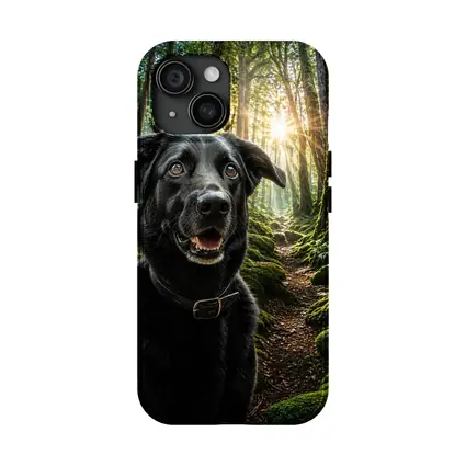 Black Labrador Smiling in Sunlit Forest