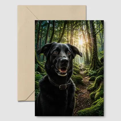 Black Labrador Smiling in Sunlit Forest