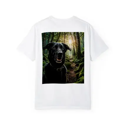 Black Labrador Smiling in Sunlit Forest