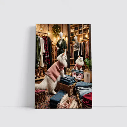 White Cat Wearing Sweater In Fashion Boutique