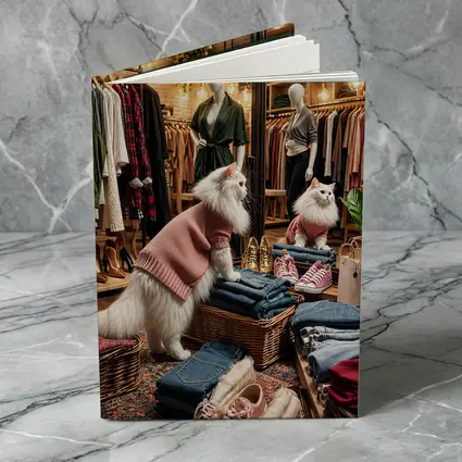 White Cat Wearing Sweater In Fashion Boutique