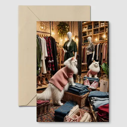White Cat Wearing Sweater In Fashion Boutique