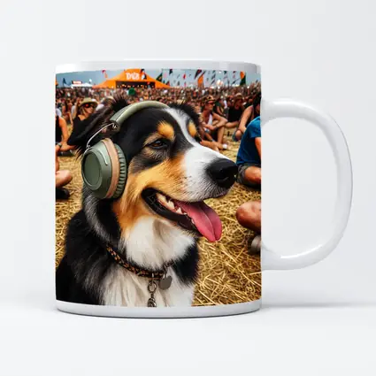 Australian Shepherd Dog Wearing Headphones Music Festival