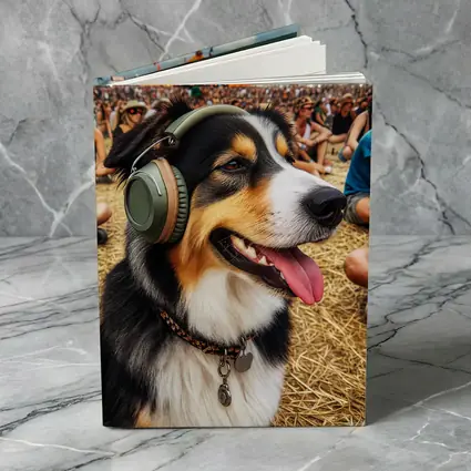 Australian Shepherd Dog Wearing Headphones Music Festival