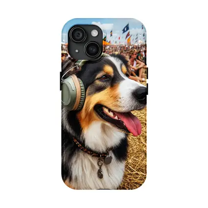 Australian Shepherd Dog Wearing Headphones Music Festival