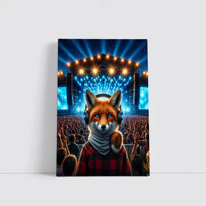 Red Fox With Headphones At Concert Stage