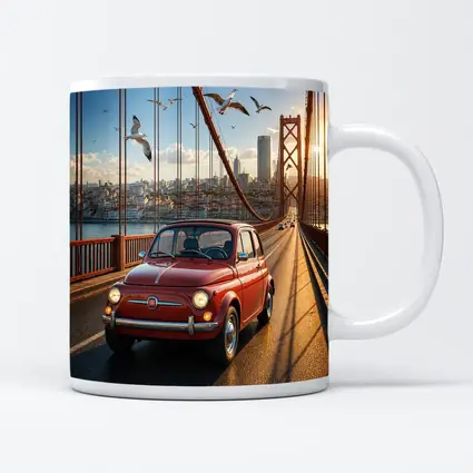 Red Fiat 500 Classic Car On Bridge
