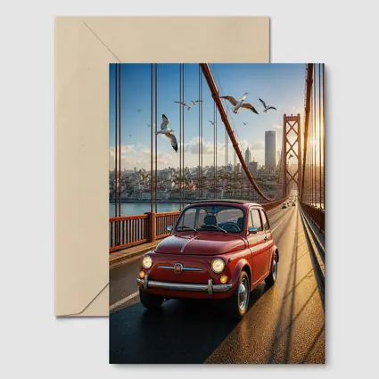 Red Fiat 500 Classic Car On Bridge