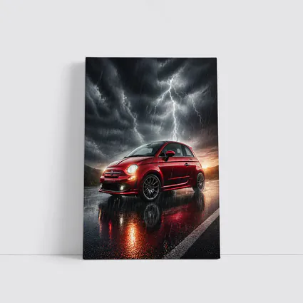 Fiat 500 Red Car Stormy Lightning Rain