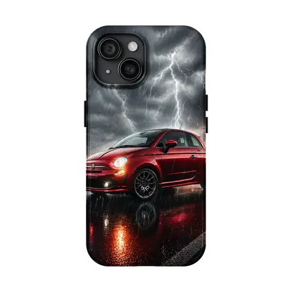 Fiat 500 Red Car Stormy Lightning Rain