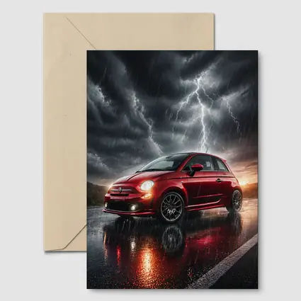 Fiat 500 Red Car Stormy Lightning Rain