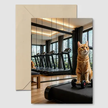 Orange Cat Sitting on Treadmill Modern Gym